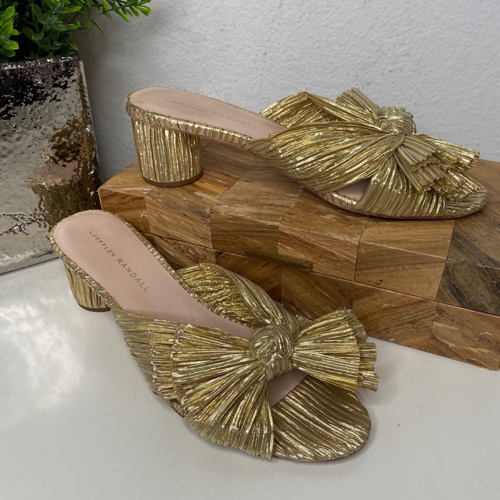 Loeffler Randall Emilia Gold Metallic Pleated Bow Dress Slide Sandals Size 8